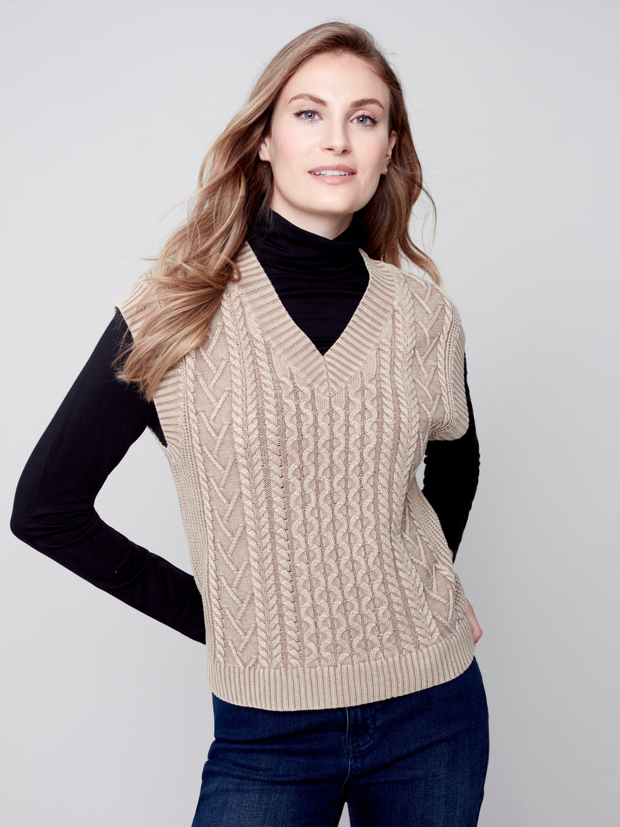 Charlie B Cable Knit V-Neck Sleeveless Sweater Vest - Truffle