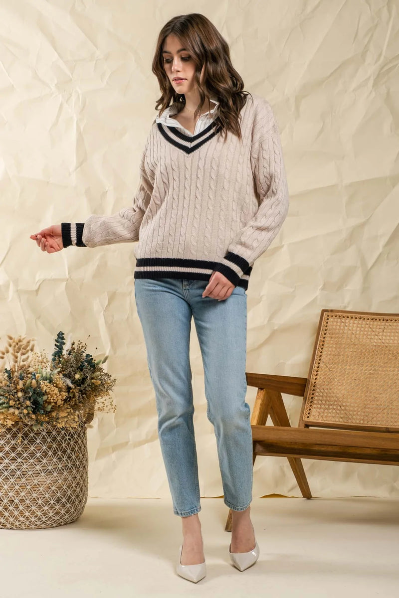 Blu Pepper Striped Split Neck Sweater – E & Co. Boutique