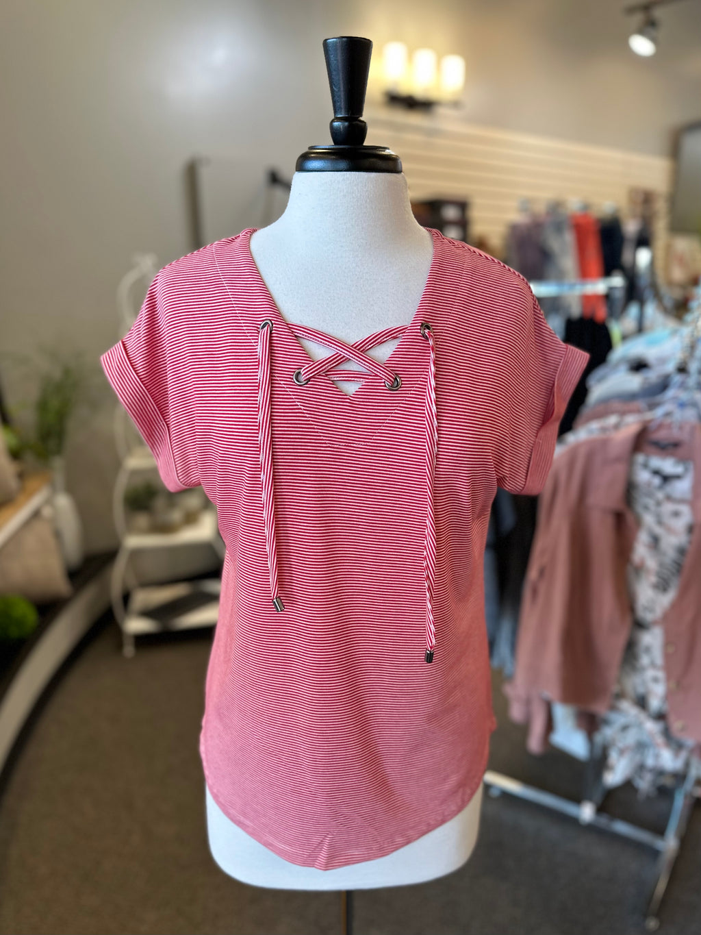 Keren Hart Striped Short Sleeve with Lace Front - Poppy