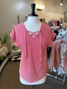 Keren Hart Striped Short Sleeve with Lace Front - Poppy