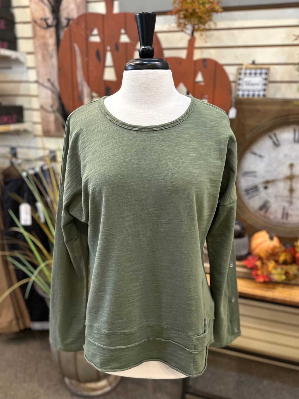 Wild Palms Drop Sleeve Top with Button Detail on Sleeve - Sage
