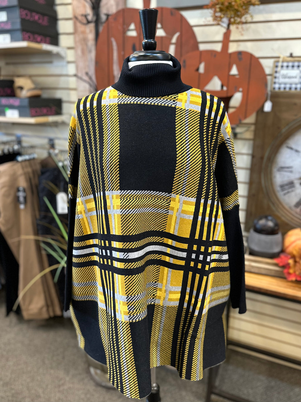 Keren Hart Plaid Cowl Neck Ponch - Black and Yellow