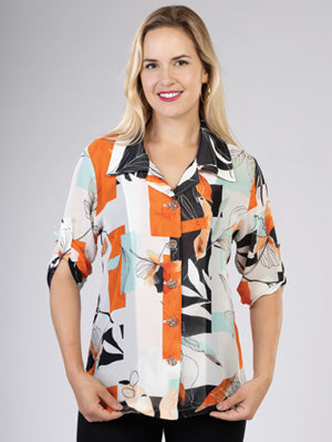 Orange and Mint Leaf Print Blouse by Variations