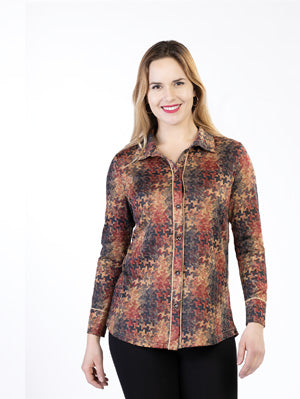 Collared Tic Tac Print Button Down Blouse by Variations