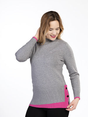 Grey Mock Neck Sweater with Hot Pink Edge by Variations