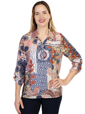 Printed Collered Blouse with Roll Tab Sleeve by Variations
