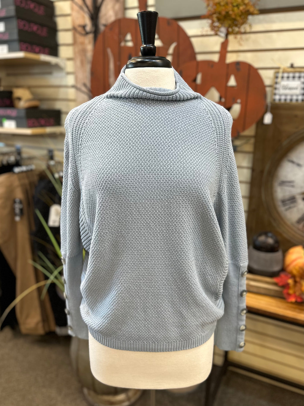 Tribal Fashions Funnel Neck Knit Sweater with Button Sleeve - Dusty Blue
