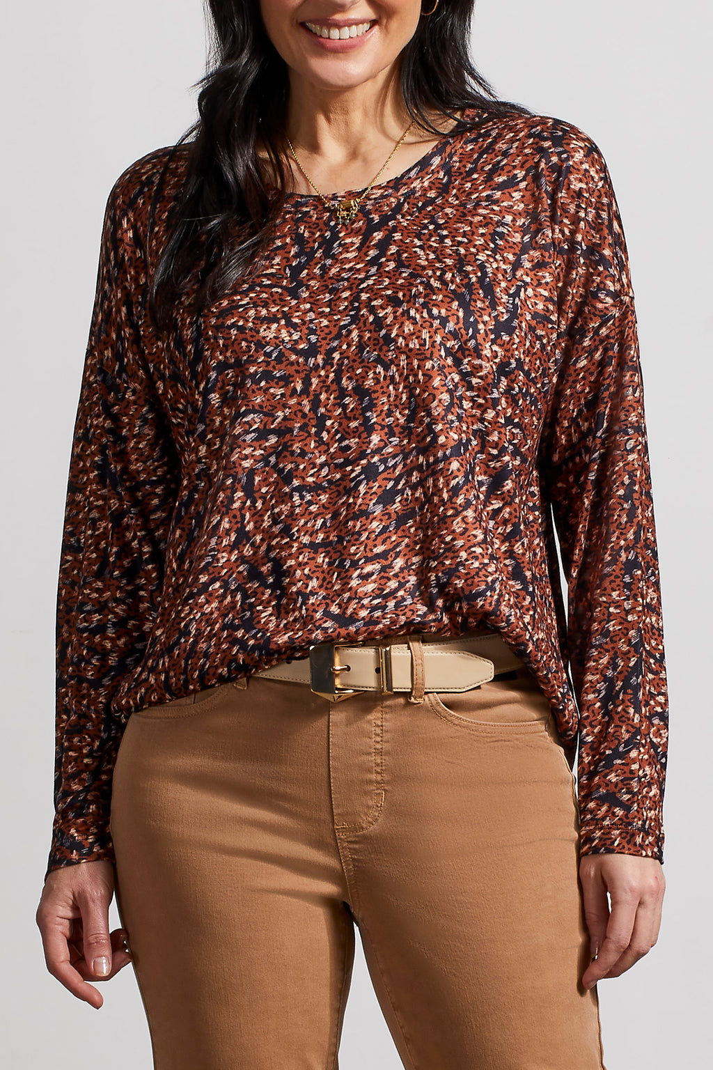 Tribal Fashion Copper Printed Crew Neck Top with Side Slits