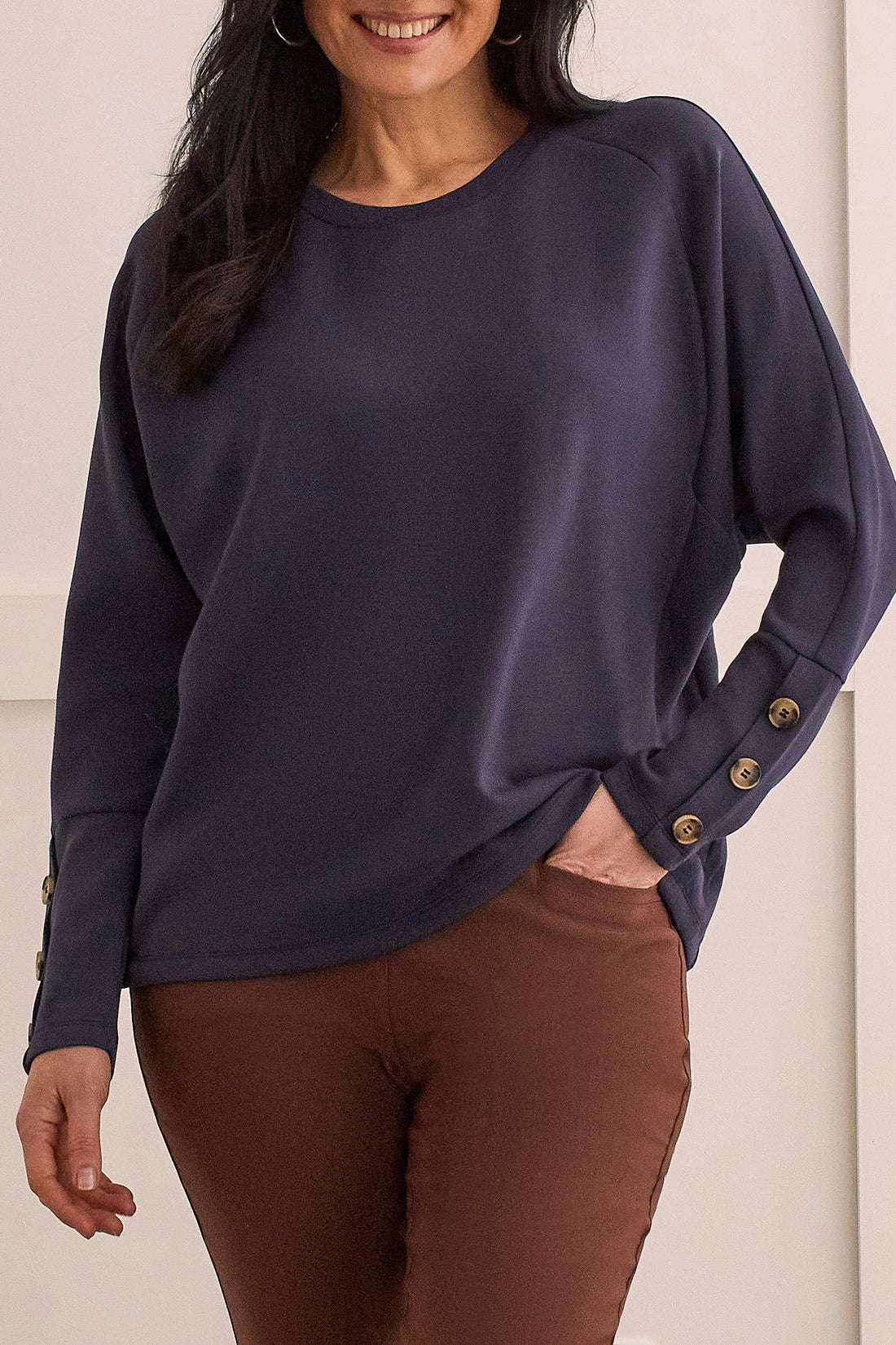 Tribal Fashions Long Sleeve Scuba Top with Button Sleeve Detail - Sapphire
