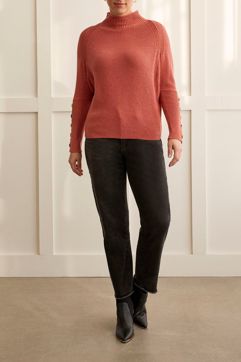 Tribal Fashions Funnel Neck Knit Sweater with Button Sleeve - Chili Red