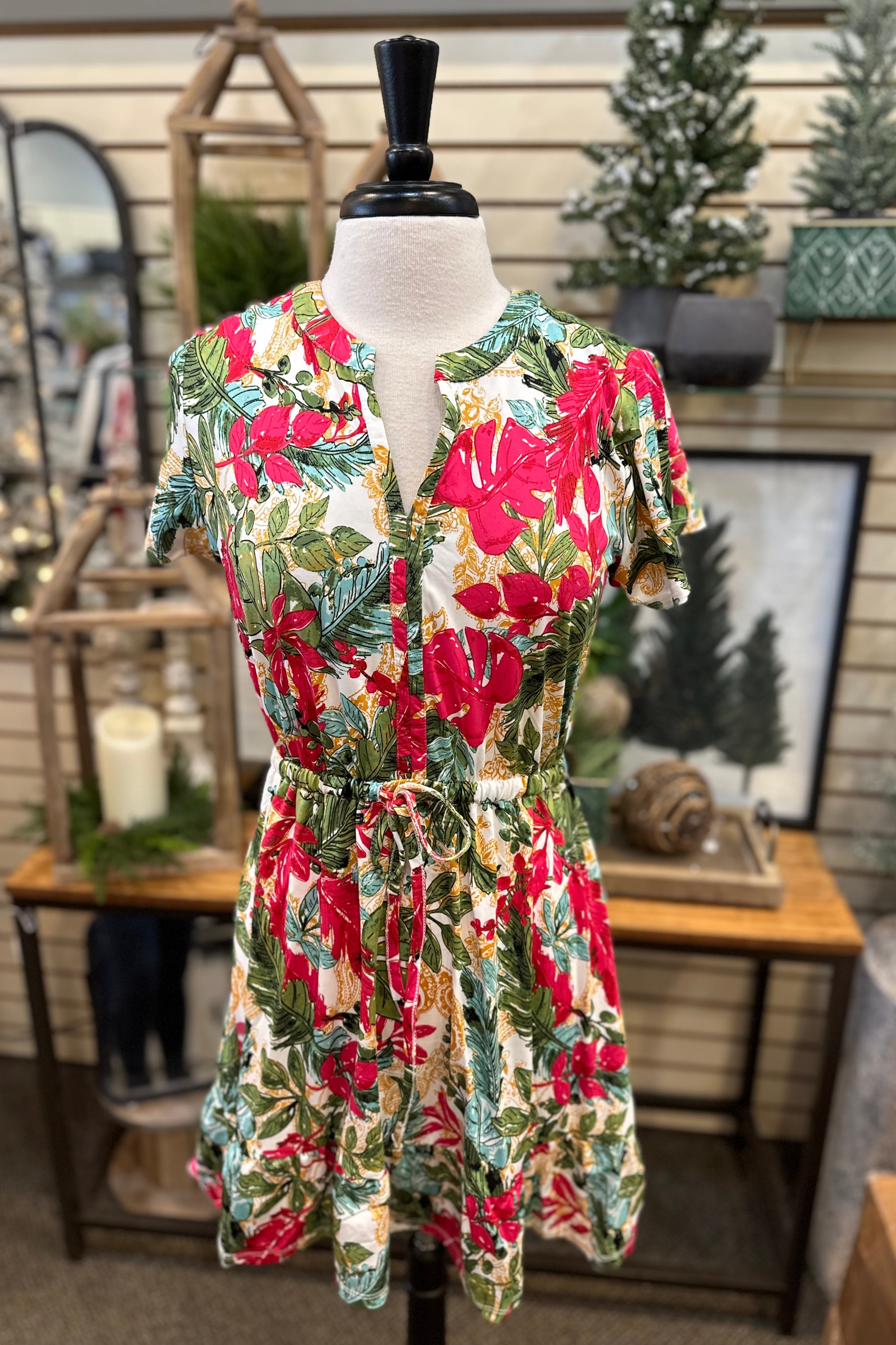 Keren Hart Short Sleeve Tropical Dress with Drawstring Waist