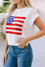 Patriotic: Flag Knit USA Short Sleeve Sweater Top - White