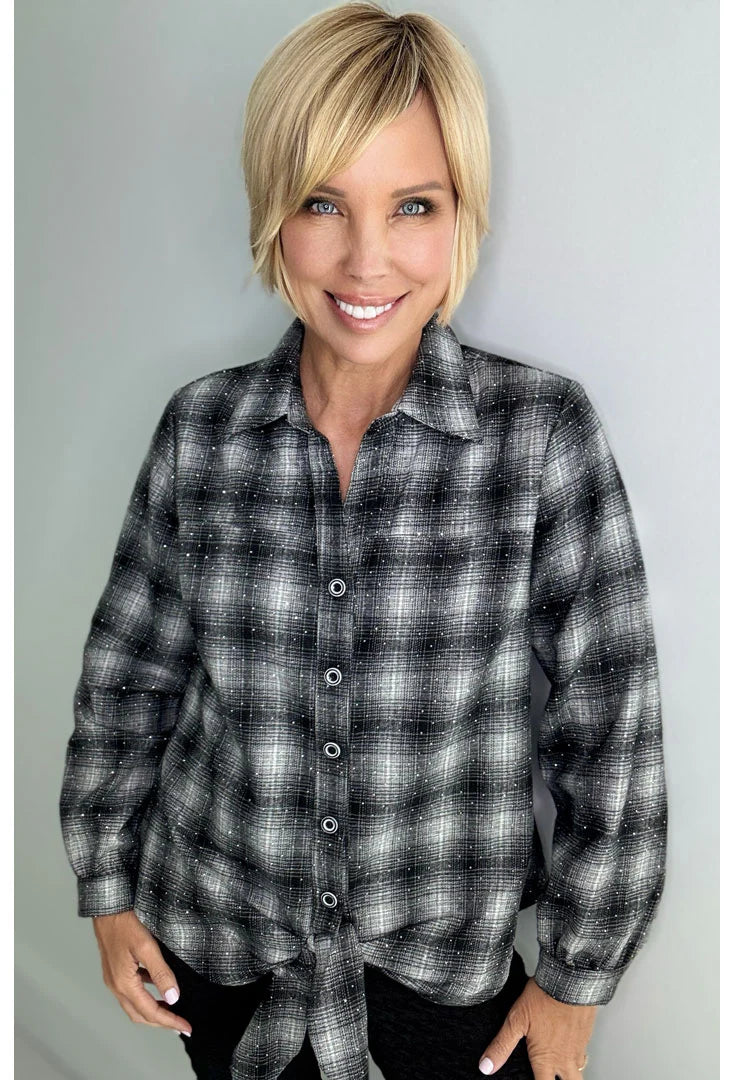 Ethyl Rhinestone Plaid Button Down Top with Tie