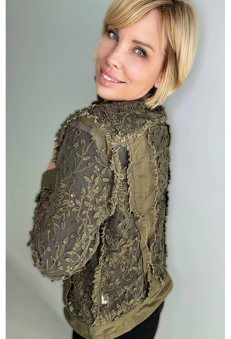 Ethyl Lace Sleeved Floral Jean Jacket