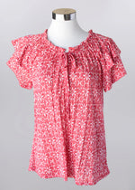 Keren Hart Knit Short Sleeve Blouse with Flutter Sleeve - Red