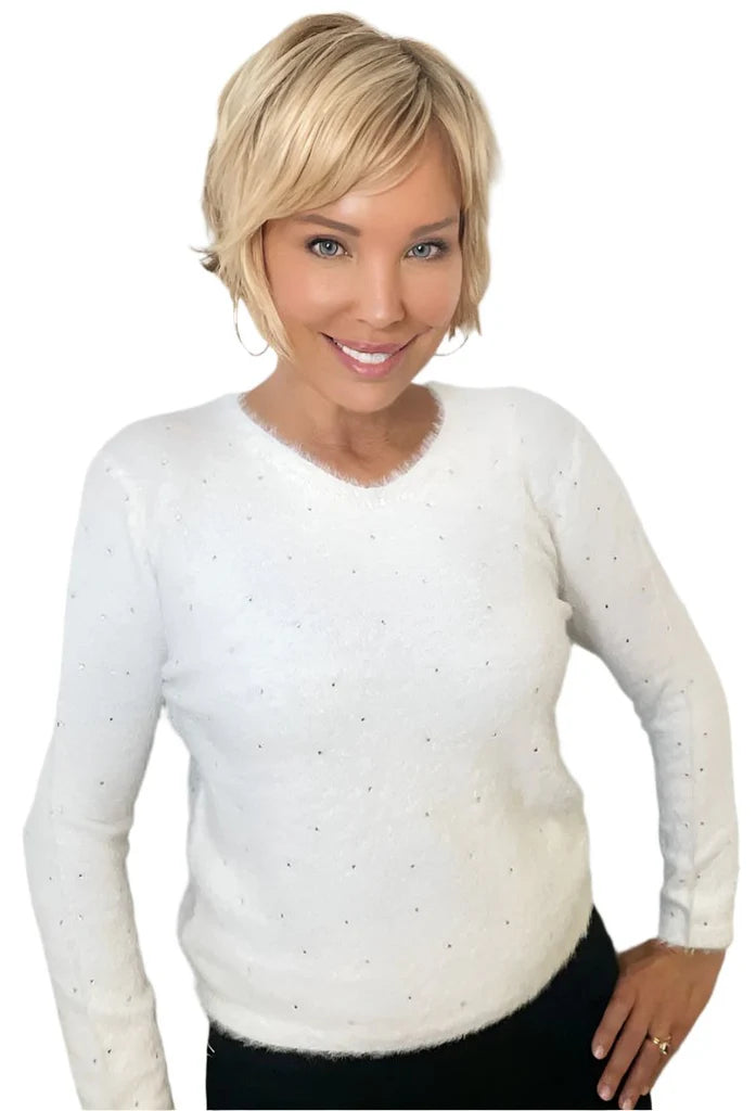 Ethyl Hairy Knit Sweater with Rhinestone Detail