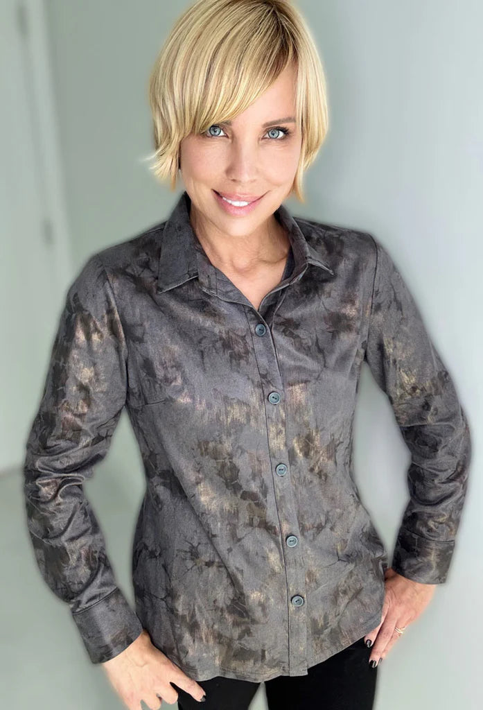 Ethyl Metallic Flecked Collared Button Down - Faux Suede