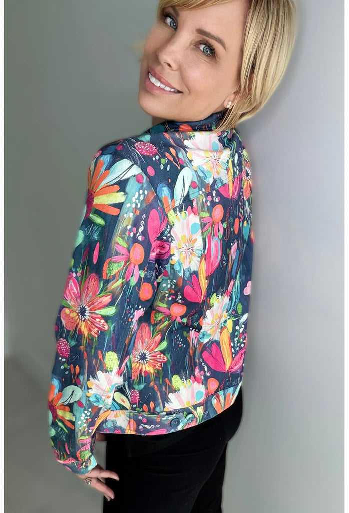 Ethyl Floral Art Print Jacket - Faux Suede