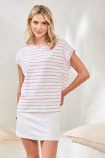 Tribal Fashions Stripe Jersey Cap Sleeve Crew Neck Top - Sangaria