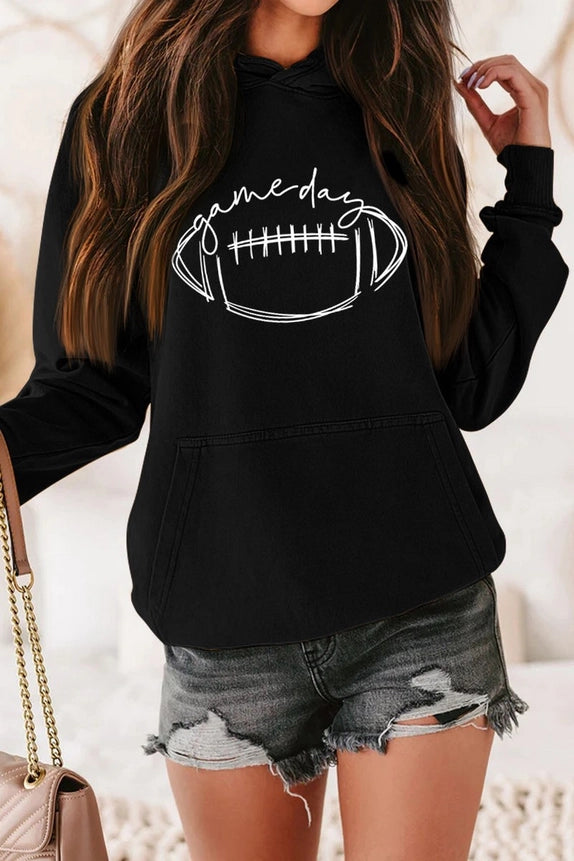 Hooded "GAMEDAY" Sweatshirt with Drawstring - Black