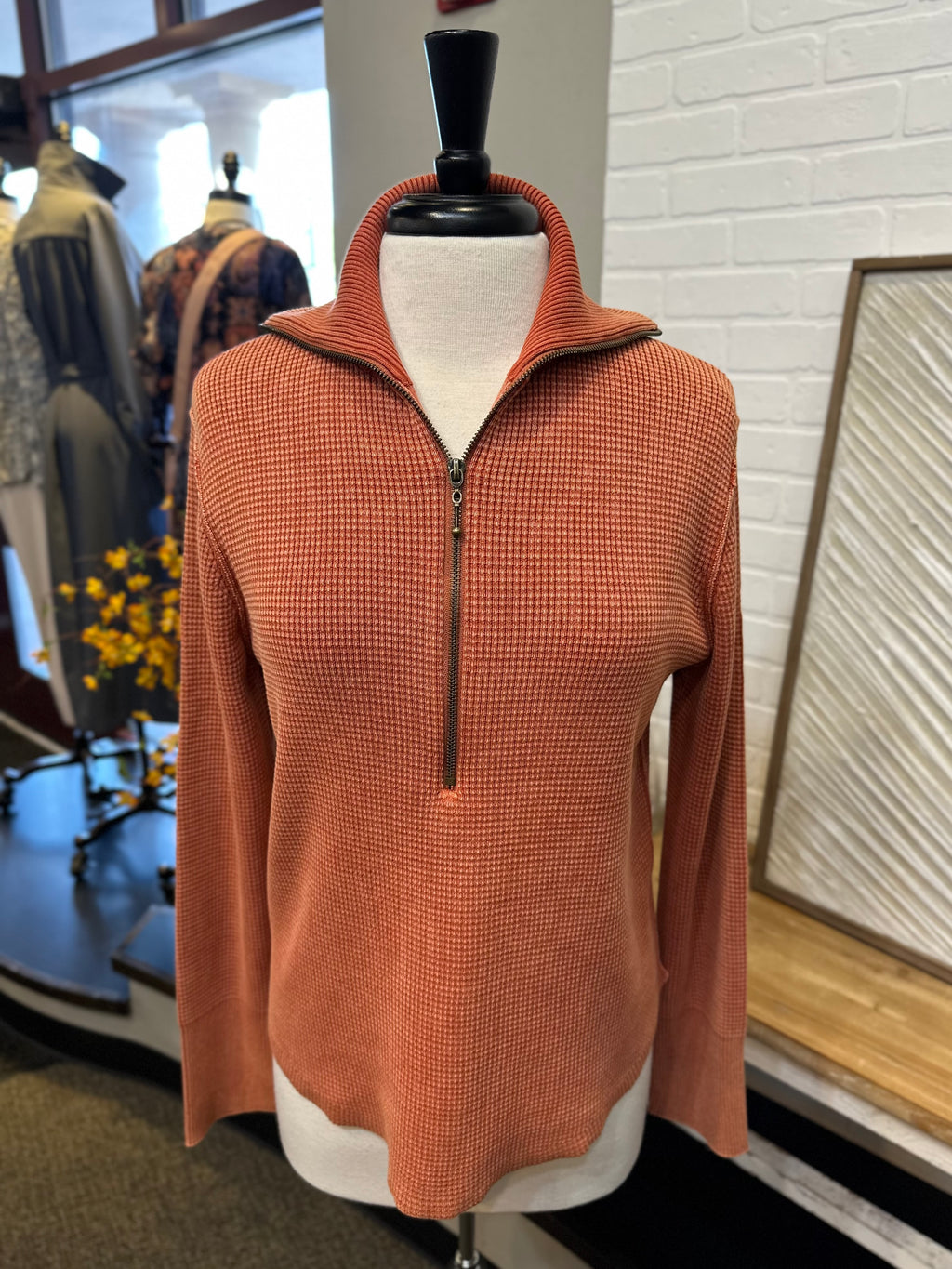 PBJ Blues Mini Waffle Quarter Zip Cotton Pullover - Red Rock