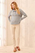 Tribal Fashion Textured Jacquard Stripe Button-Front Collared Knit Top - Blue Fog