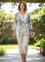 Keren Hart Boho Print Blouse with Lace Applique - Olive