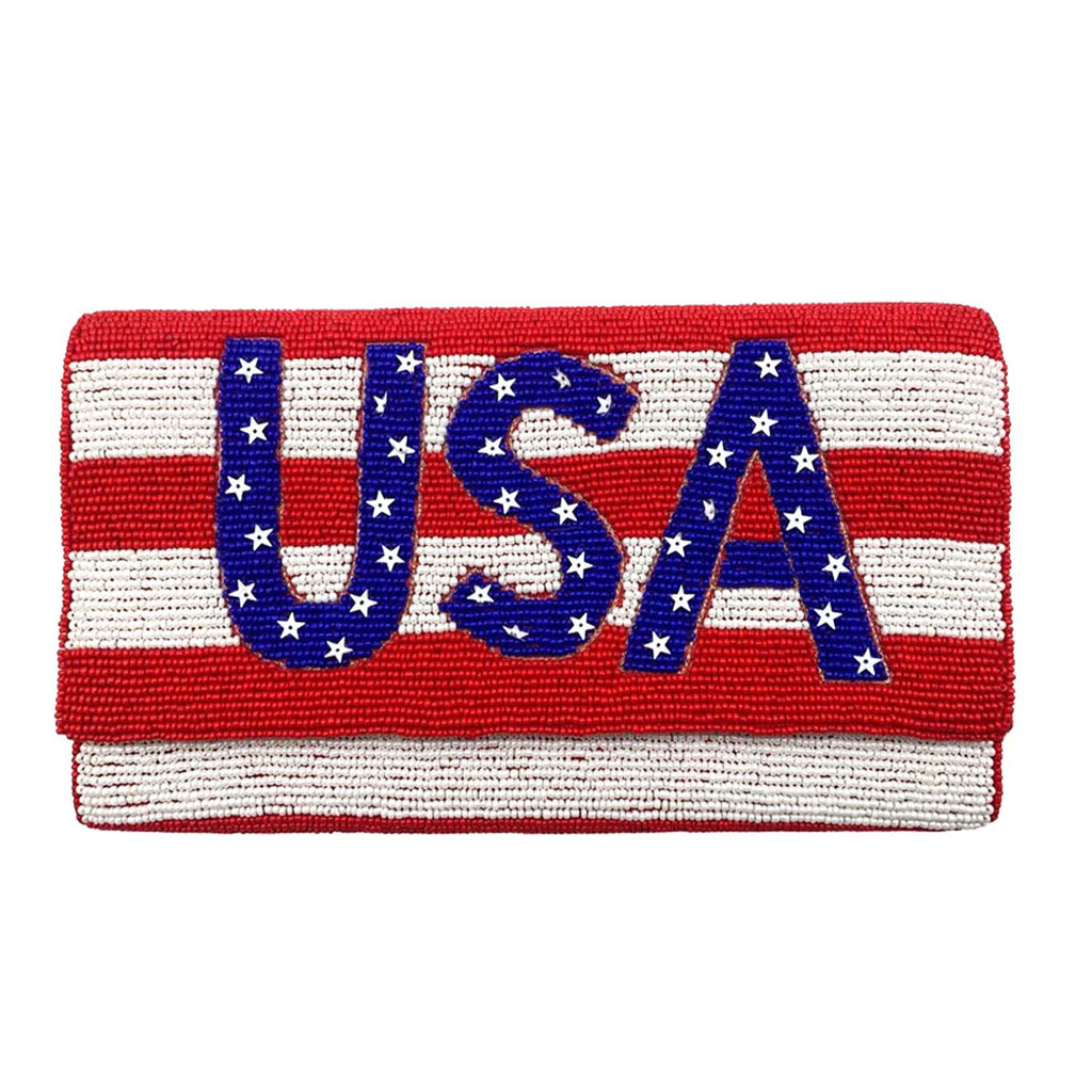 USA Flag Beaded Clutch with Gold Chain