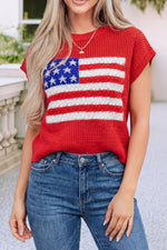 Patriotic: Flag Knit USA Short Sleeve Sweater Top - Fiery Red