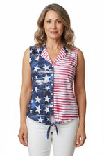 USA Patriotic Collared Tank Top with Stars + Stripes - Red, White, + Blue
