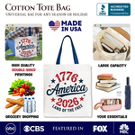 Patriotic America 1776-2026 Land of the Free Canvas Tote Bag, 250 Year Independence Day Celebration Gift: Navy Handle - White base