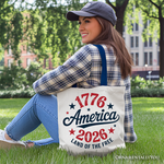 Patriotic America 1776-2026 Land of the Free Canvas Tote Bag, 250 Year Independence Day Celebration Gift: Navy Handle - White base