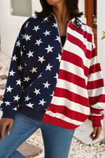 USA Stars American Flag Zipped Collar Oversized Sweatshirt - Red, White + Blue
