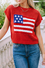 Patriotic: Flag Knit USA Short Sleeve Sweater Top - Fiery Red