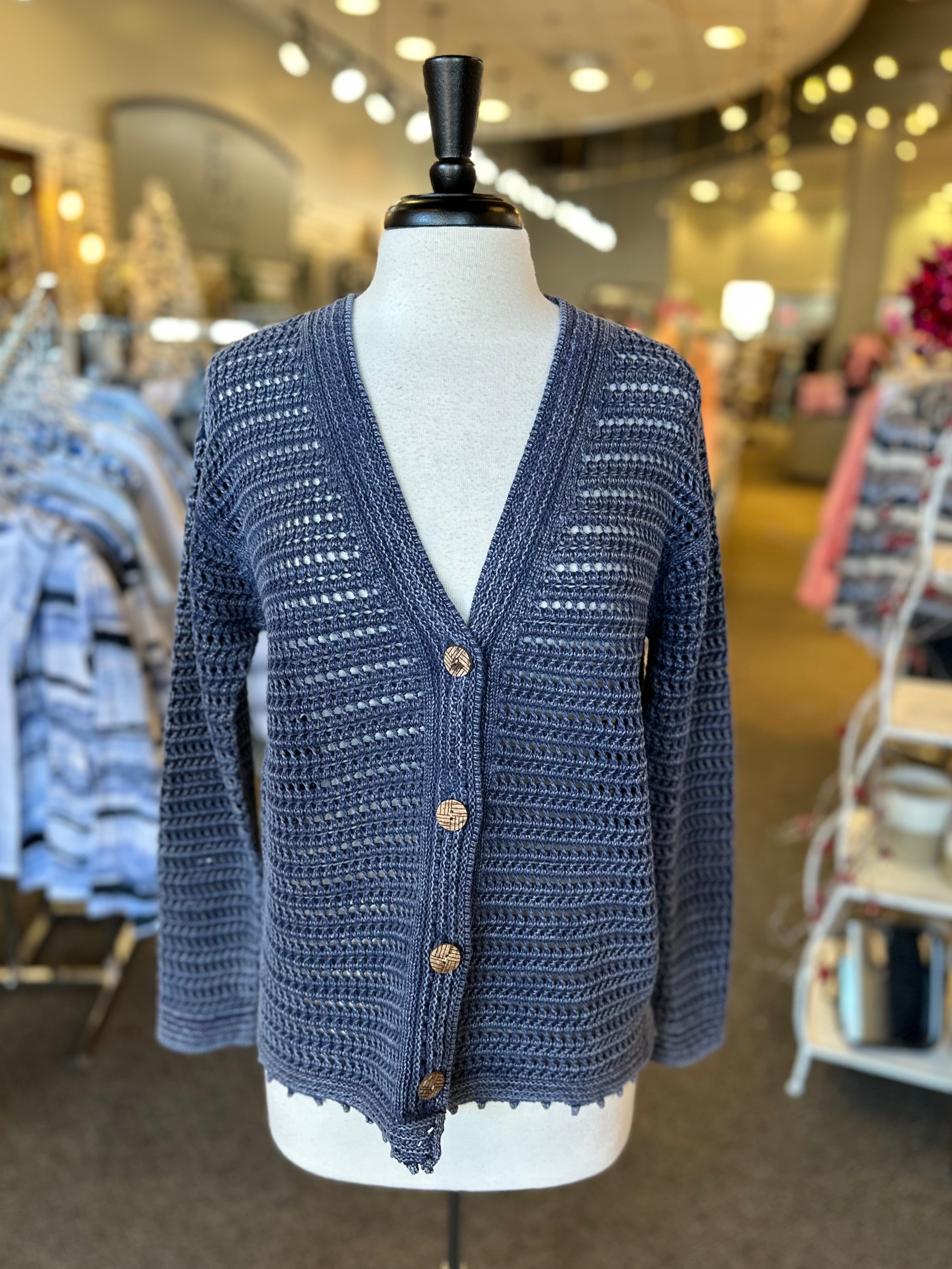 PBJ Blues Crocheted Cardigan with Wood Buttons - Indigo