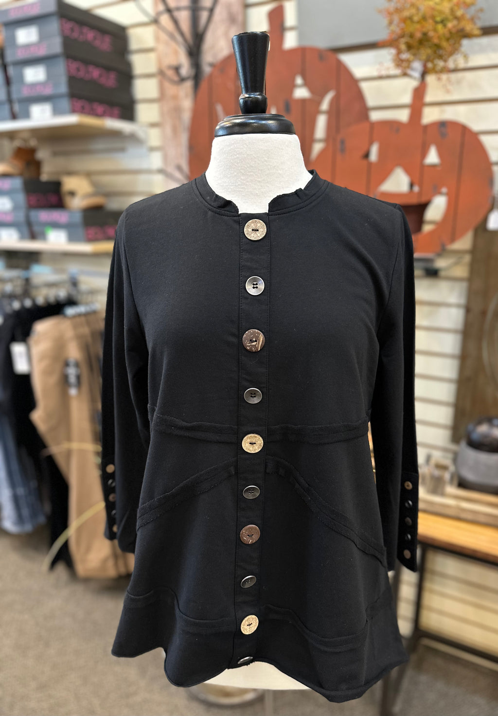 Lulu B Button Front Accented Long Sleeve - Black