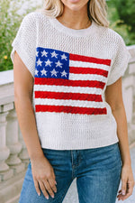 Patriotic: Flag Knit USA Short Sleeve Sweater Top - White