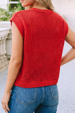 Patriotic: Flag Knit USA Short Sleeve Sweater Top - Fiery Red