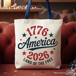 Patriotic America 1776-2026 Land of the Free Canvas Tote Bag, 250 Year Independence Day Celebration Gift: Navy Handle - White base