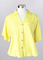 Keren Hart Cotton Short Sleeve Button Down Top - Chartruese