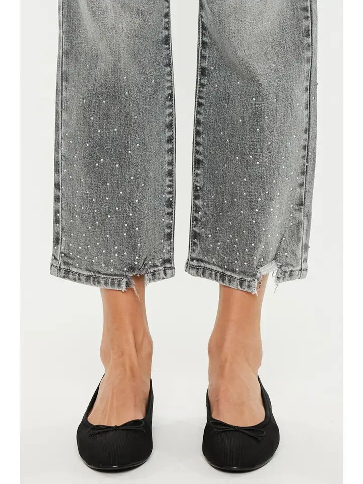 Kancan Midrise Cropped Straight Jeans with Rhinestone Details