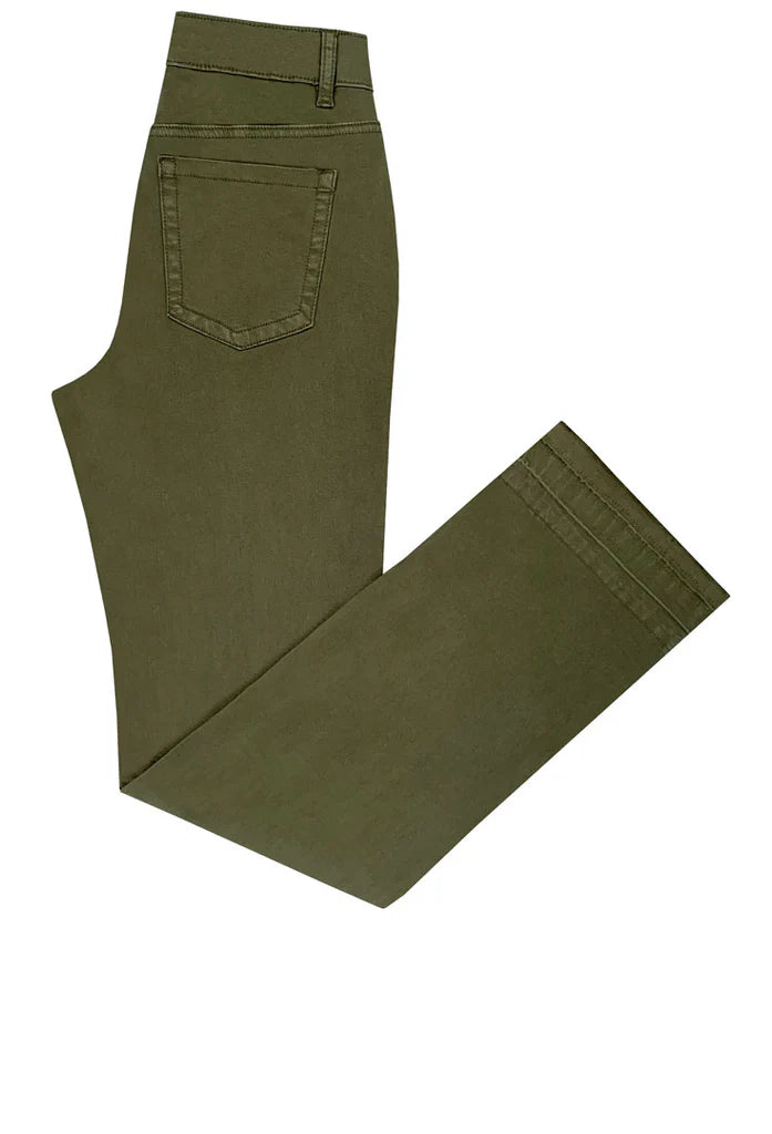 Ethyl Fly Front Olive Denim with Released Hem