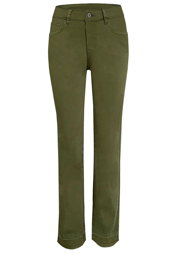 Ethyl Fly Front Olive Denim with Released Hem