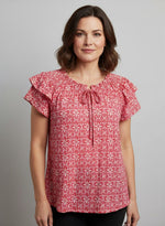 Keren Hart Knit Short Sleeve Blouse with Flutter Sleeve - Red