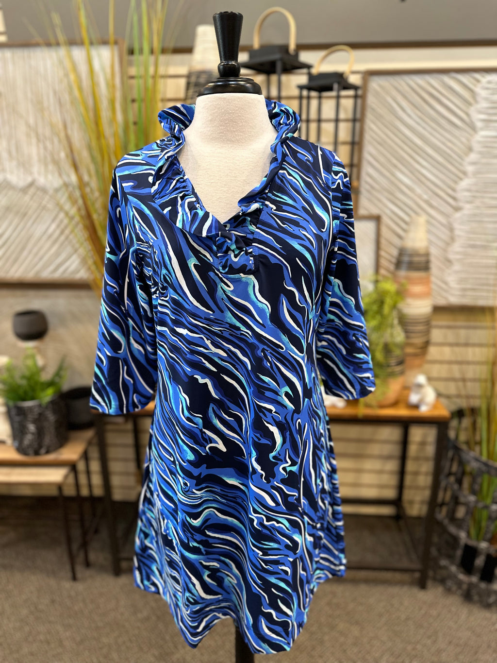 Lulu B UPF 50+ Zebra Ruffle Neck Dress