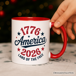 Patriotic America 1776-2026 Land of the Free Personalized Mug, 250 Year Independence Day Celebration Gift with Custom Name: White - Red / Non-Custom