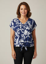 Keren Hart Short Sleeve Floral Blouse with Tie Front - Navy