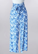 Keren Hart Floral Printed Pants with Belted Waist - Blue + White