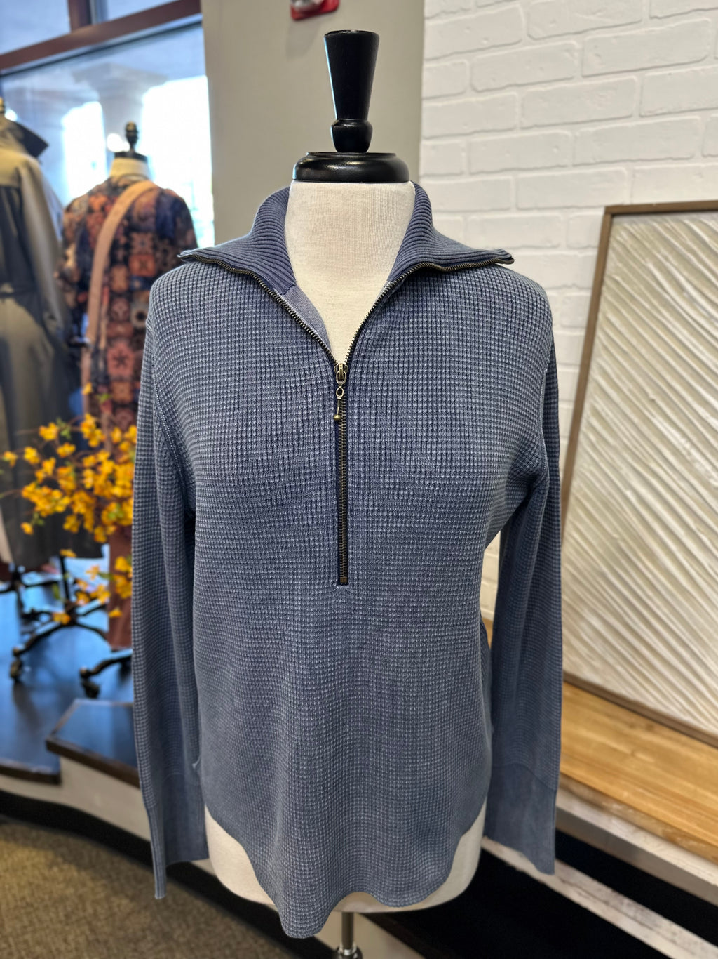 PBJ Blues Mini Waffle Quarter Zip Cotton Pullover - Indigo
