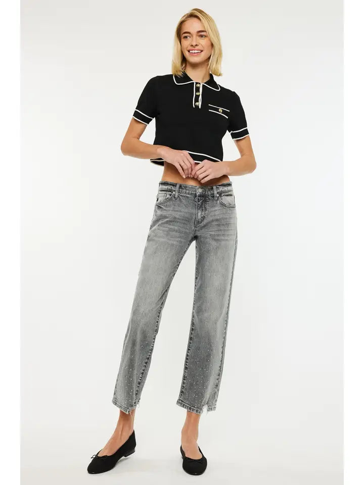 Kancan Midrise Cropped Straight Jeans with Rhinestone Details